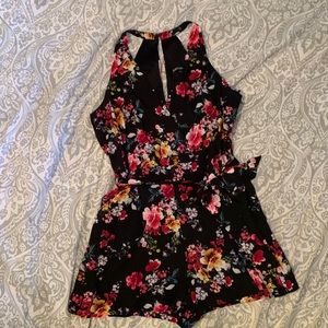 Black Floral Surplice Halter Romper